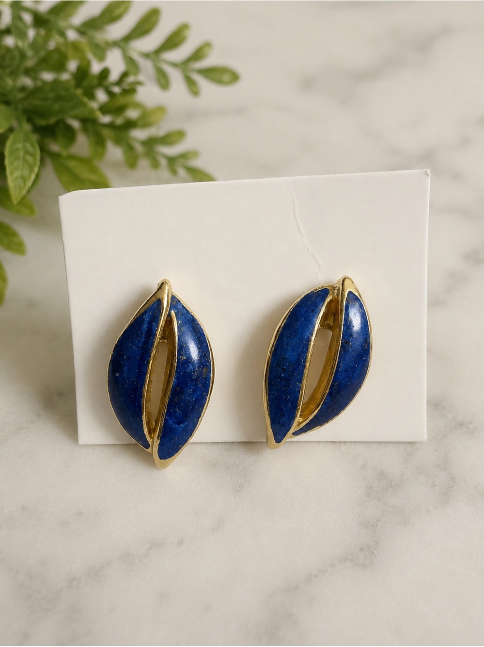 Vintage Blue & Gold Enamel Statement Earrings – 1980s Style